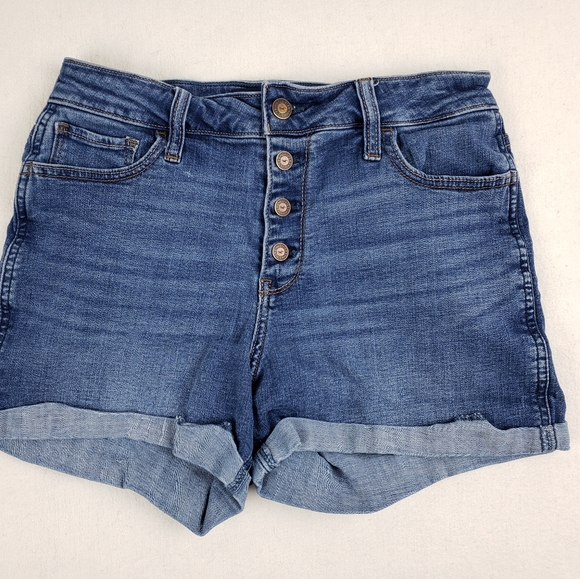 Hollister Button Fly Curvy High Rise Cuffed Blue Jean Shorts - Picture 1 of 9